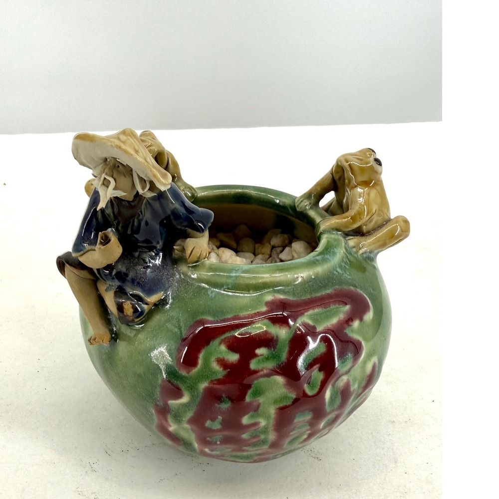 Vintage Ceramic Planter with Frogs‎ and Fisherman Figurine Accent Unique